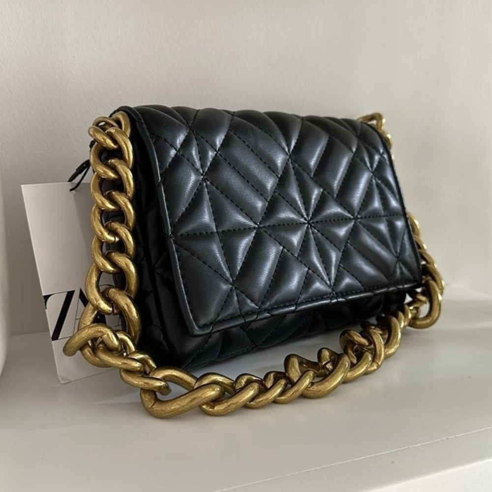 Zara Black Quilted Bag with Thick Gold Chain